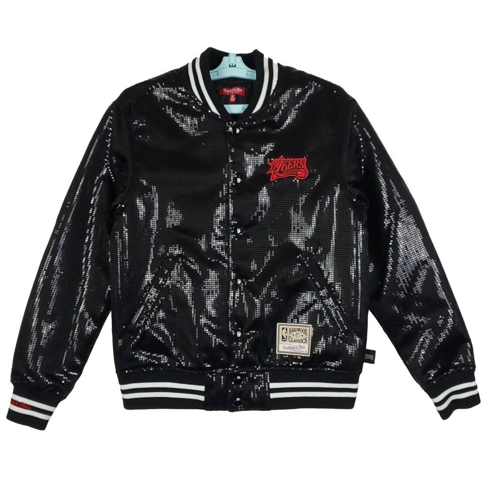 Philadelphia 76ers Mitchell & Ness NBA M Medium Womens Jacket‎ Black Sequins New